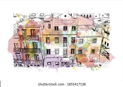 Building view with landmark of Belem is the capital of Para. Watercolour splash with hand drawn sketch illustration in vector.