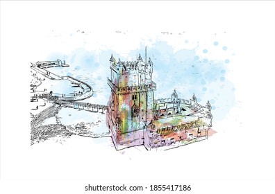 Building view with landmark of Belem is the capital of Para. Watercolour splash with hand drawn sketch illustration in vector.