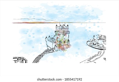 Building view with landmark of Belem is the capital of Para. Watercolour splash with hand drawn sketch illustration in vector.