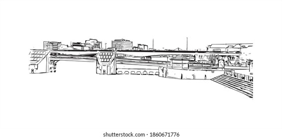Building view with landmark of Belfast is the 
capital of Northern Ireland. Hand drawn sketch illustration in vector.