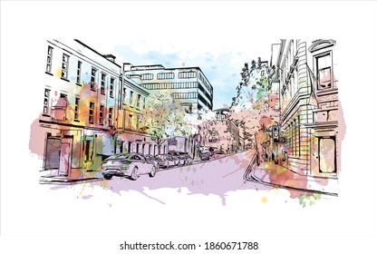 Building view with landmark of Belfast is the 
capital of Northern Ireland. Watercolour splash with hand drawn sketch illustration in vector.