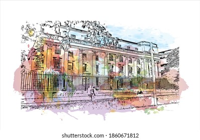 Building view with landmark of Belfast is the 
capital of Northern Ireland. Watercolour splash with hand drawn sketch illustration in vector.