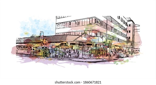 Building view with landmark of Belfast is the 
capital of Northern Ireland. Watercolour splash with hand drawn sketch illustration in vector.