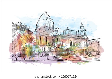 Building view with landmark of Belfast is the 
capital of Northern Ireland. Watercolour splash with hand drawn sketch illustration in vector.