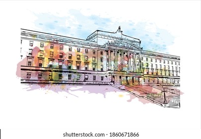 Building view with landmark of Belfast is the 
capital of Northern Ireland. Watercolour splash with hand drawn sketch illustration in vector.