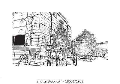 Building view with landmark of Belfast is the 
capital of Northern Ireland. Hand drawn sketch illustration in vector.