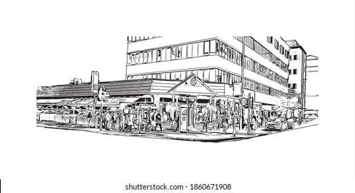 Building view with landmark of Belfast is the 
capital of Northern Ireland. Hand drawn sketch illustration in vector.