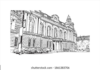 Building view with landmark of Belfast is the 
capital of Northern Ireland. Hand drawn sketch illustration in vector.