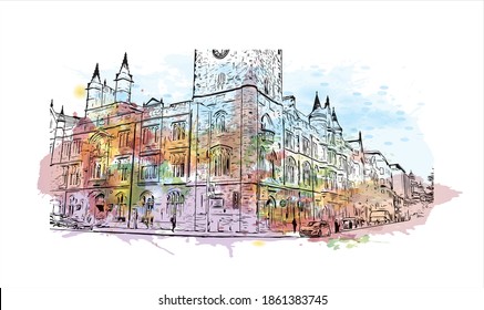 Building view with landmark of Belfast is the 
capital of Northern Ireland. Watercolour splash with hand drawn sketch illustration in vector.