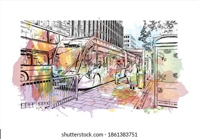 Building view with landmark of Belfast is the 
capital of Northern Ireland. Watercolour splash with hand drawn sketch illustration in vector.