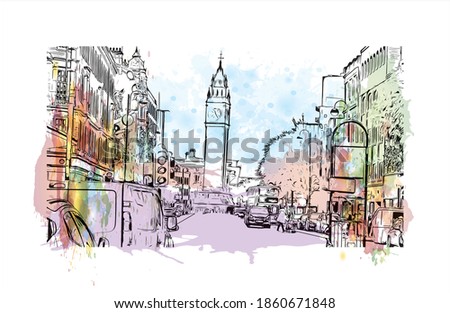 Building view with landmark of Belfast is the 
capital of Northern Ireland. Watercolour splash with hand drawn sketch illustration in vector.