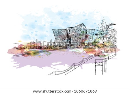 Building view with landmark of Belfast is the 
capital of Northern Ireland. Watercolour splash with hand drawn sketch illustration in vector.