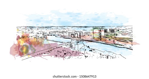 Building view with landmark of Belfast is Northern Ireland’s capital. Watercolor splash with Hand drawn sketch illustration in vector.
