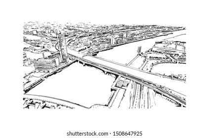 Building view with landmark of Belfast is Northern Ireland’s capital. Hand drawn sketch illustration in vector.