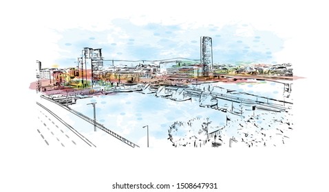 Building view with landmark of Belfast is Northern Ireland’s capital. Watercolor splash with Hand drawn sketch illustration in vector.