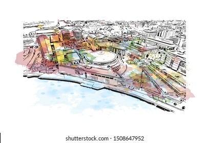 Building view with landmark of Belfast is Northern Ireland’s capital. Watercolor splash with Hand drawn sketch illustration in vector.
