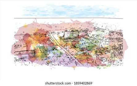 Building view with landmark of Belgaum is a city in the Indian state of Karnataka. Watercolour splash with hand drawn sketch illustration in vector.