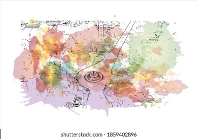 Building view with landmark of Belgaum is a city in the Indian state of Karnataka. Watercolour splash with hand drawn sketch illustration in vector.