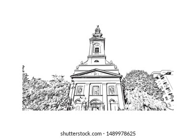 Building view with landmark of Belgrade is the capital of the southeast European country of Serbia.  Hand drawn sketch illustration in vector.