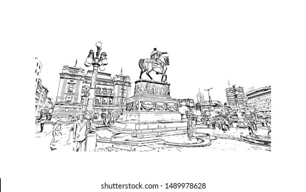 Building view with landmark of Belgrade is the capital of the southeast European country of Serbia.  Hand drawn sketch illustration in vector.