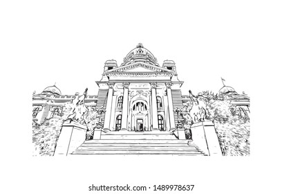 Building view with landmark of Belgrade is the capital of the southeast European country of Serbia.  Hand drawn sketch illustration in vector.