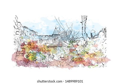 Building view with landmark of Belgrade is the capital of the southeast European country of Serbia. Watercolor splash with Hand drawn sketch illustration in vector.