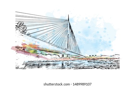 Building view with landmark of Belgrade is the capital of the southeast European country of Serbia. Watercolor splash with Hand drawn sketch illustration in vector.