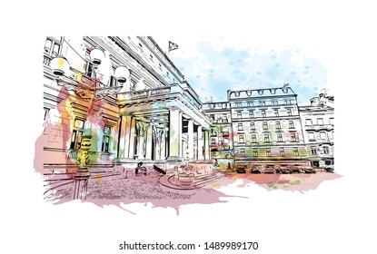 Building view with landmark of Belgrade is the capital of the southeast European country of Serbia. Watercolor splash with Hand drawn sketch illustration in vector.
