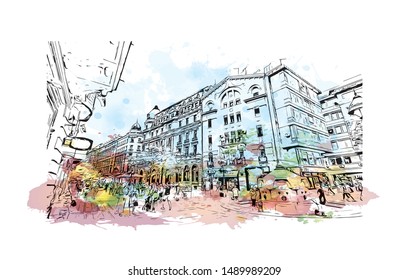 Building view with landmark of Belgrade is the capital of the southeast European country of Serbia. Watercolor splash with Hand drawn sketch illustration in vector.