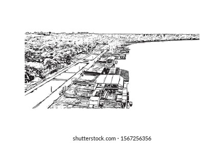 Building view with landmark of Belgrade is the capital of the southeast European country of Serbia. Hand drawn sketch illustration in vector.