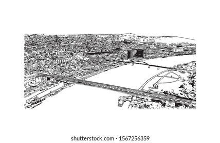 Building view with landmark of Belgrade is the capital of the southeast European country of Serbia. Hand drawn sketch illustration in vector.