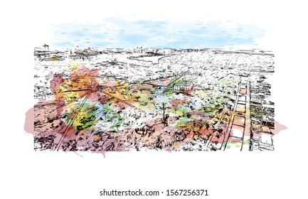Building view with landmark of Belgrade is the capital of the southeast European country of Serbia. Watercolor splash with Hand drawn sketch illustration in vector.