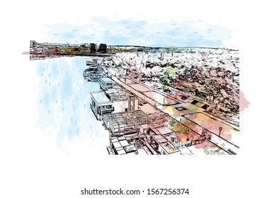Building view with landmark of Belgrade is the capital of the southeast European country of Serbia. Watercolor splash with Hand drawn sketch illustration in vector.