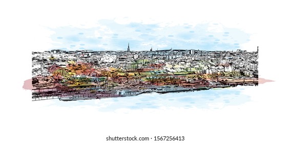 Building view with landmark of Belgrade is the capital of the southeast European country of Serbia. Watercolor splash with Hand drawn sketch illustration in vector.