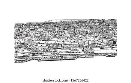 Building view with landmark of Belgrade is the capital of the southeast European country of Serbia. Hand drawn sketch illustration in vector.