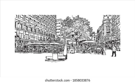 Building view with landmark of Belgrade is the
capital of Serbia. Hand drawn sketch illustration in vector.