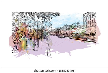Building view with landmark of Belgrade is the
capital of Serbia. Watercolour splash with hand drawn sketch illustration in vector.
