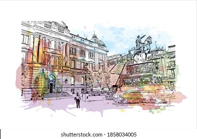 Building view with landmark of Belgrade is the
capital of Serbia. Watercolour splash with hand drawn sketch illustration in vector.
