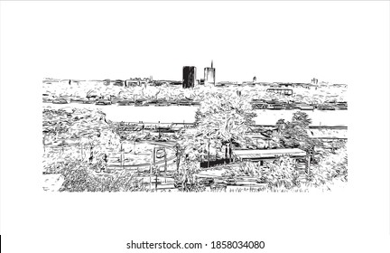 Building view with landmark of Belgrade is the
capital of Serbia. Hand drawn sketch illustration in vector.