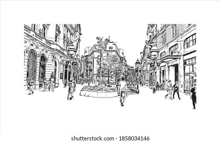 Building view with landmark of Belgrade is the
capital of Serbia. Hand drawn sketch illustration in vector.