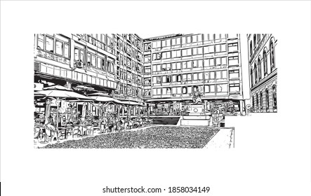 La vista de edificio con un punto de referencia de Belgrado es el
capital de Serbia. Dibujo a mano de ilustración de esbozo en vector.
