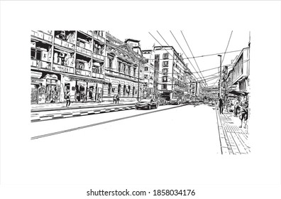 Building view with landmark of Belgrade is the
capital of Serbia. Hand drawn sketch illustration in vector.