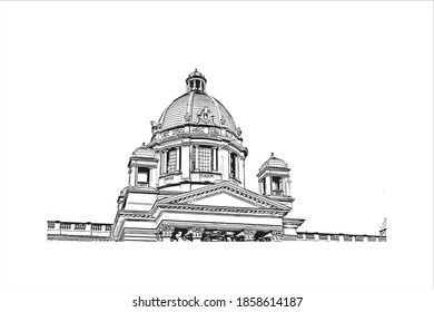 Building view with landmark of Belgrade is the
capital of Serbia. Hand drawn sketch illustration in vector.