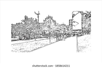 Building view with landmark of Belgrade is the
capital of Serbia. Hand drawn sketch illustration in vector.