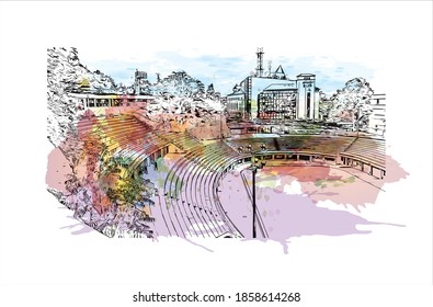 Building view with landmark of Belgrade is the
capital of Serbia. Watercolour splash with hand drawn sketch illustration in vector.