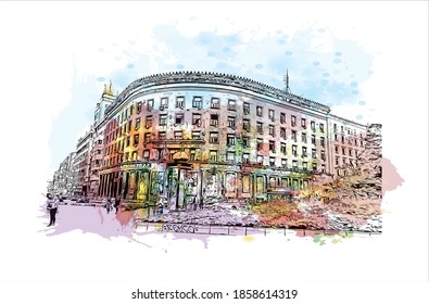 Building view with landmark of Belgrade is the
capital of Serbia. Watercolour splash with hand drawn sketch illustration in vector.
