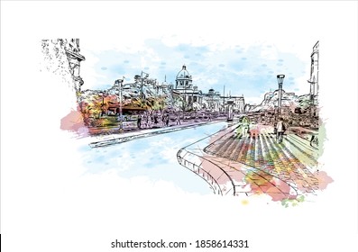Building view with landmark of Belgrade is the
capital of Serbia. Watercolour splash with hand drawn sketch illustration in vector.