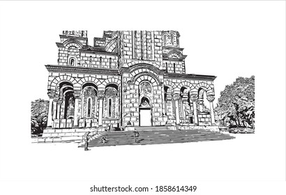 Building view with landmark of Belgrade is the
capital of Serbia. Hand drawn sketch illustration in vector.