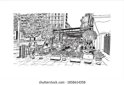 Building view with landmark of Belgrade is the
capital of Serbia. Hand drawn sketch illustration in vector.