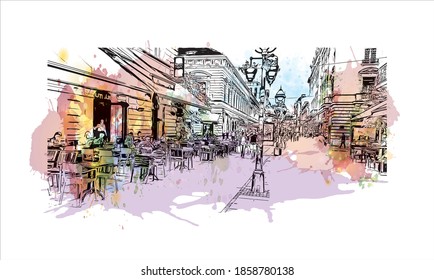 Building view with landmark of Belgrade
is the capital of Serbia. Watercolour splash with hand drawn sketch illustration in vector.